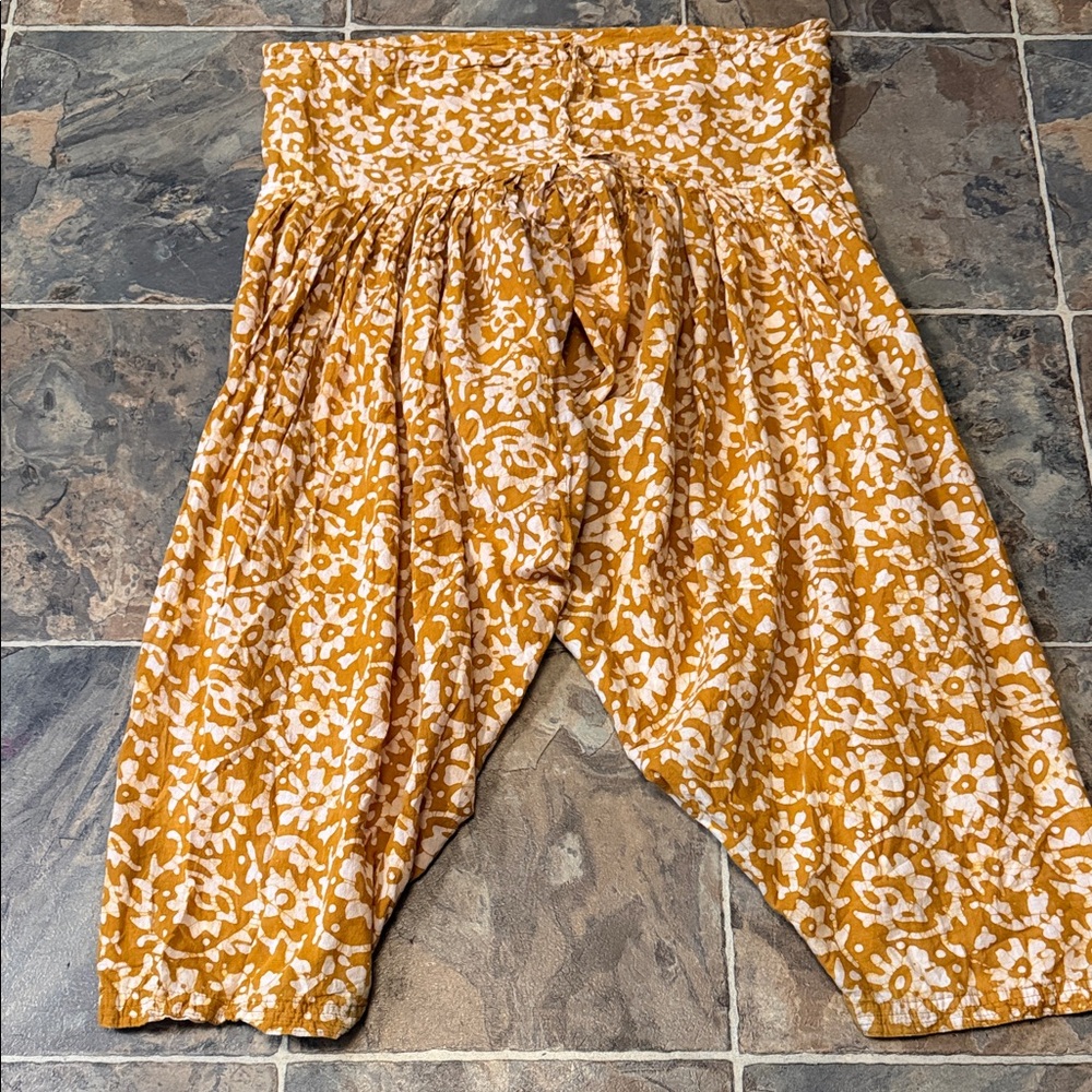 Bohemian Floral Wide Harem Pants in Mustard and White